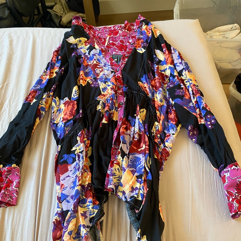Free People Asymmetrical Ruffled Long Sleeve Blouse in Pink and Blue